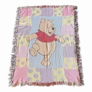 Vintage Winnie The Pooh Tapestry Woven Fringed Throw Or Baby Blanket Made USA